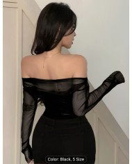Women's Stretch Mesh Off-shoulder Top, Sexy Slim-fit Top. Suitable for