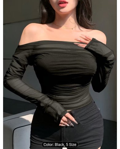 Women's Stretch Mesh Off-shoulder Top, Sexy Slim-fit Top. Suitable for