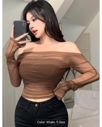 Women's Stretch Mesh Off-shoulder Top, Sexy Slim-fit Top. Suitable