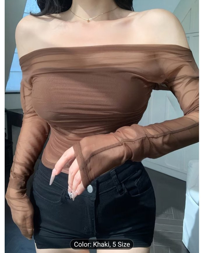 Women's Stretch Mesh Off-shoulder Top, Sexy Slim-fit Top. Suitable