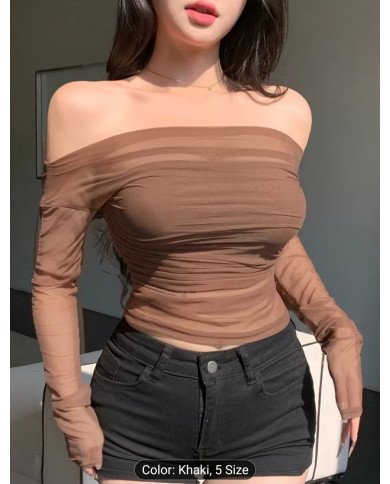 Women's Stretch Mesh Off-shoulder Top, Sexy Slim-fit Top. Suitable