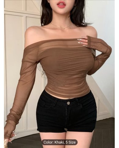 Women's Stretch Mesh Off-shoulder Top, Sexy Slim-fit Top. Suitable