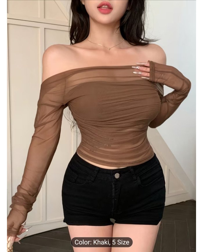 Women's Stretch Mesh Off-shoulder Top, Sexy Slim-fit Top. Suitable