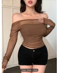 Women's Stretch Mesh Off-shoulder Top, Sexy Slim-fit Top. Suitable