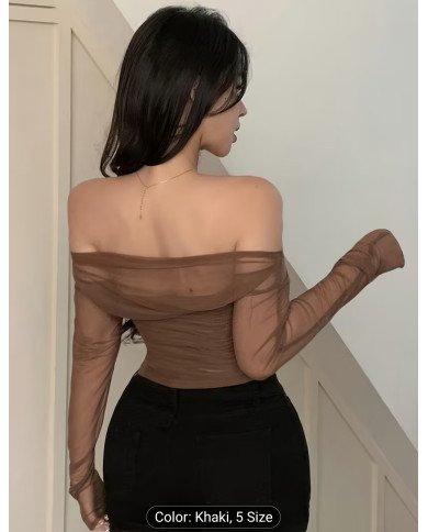 Women's Stretch Mesh Off-shoulder Top, Sexy Slim-fit Top. Suitable