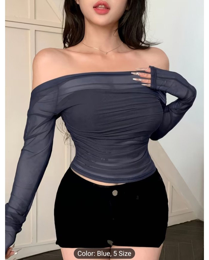 Women's Stretch Mesh Off-shoulder Top, Sexy Slim-fit Top. Suitable for Spring and