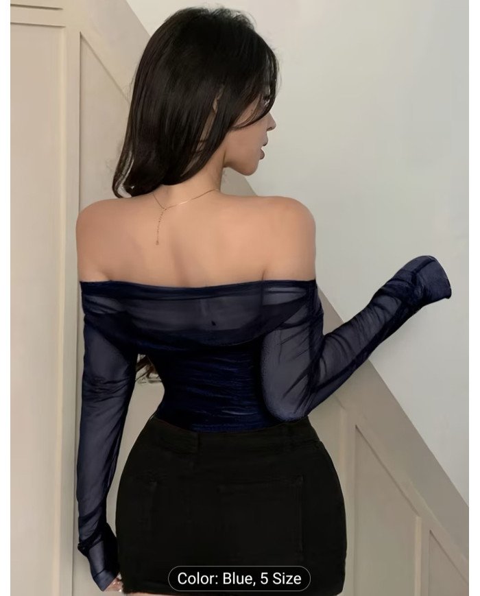 Women's Stretch Mesh Off-shoulder Top, Sexy Slim-fit Top. Suitable for Spring and