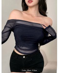 Women's Stretch Mesh Off-shoulder Top, Sexy Slim-fit Top. Suitable for Spring and