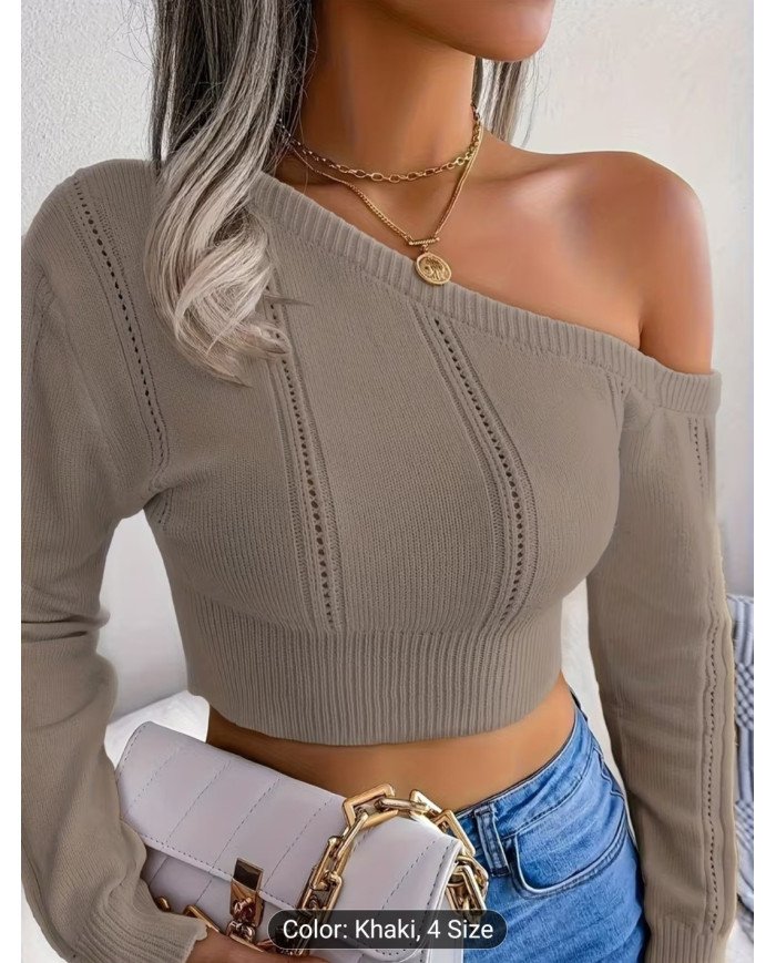 Solid Color Comfortable Off-Shoulder Slant Shoulder Elegance Slim Fit Pullover Jumper,