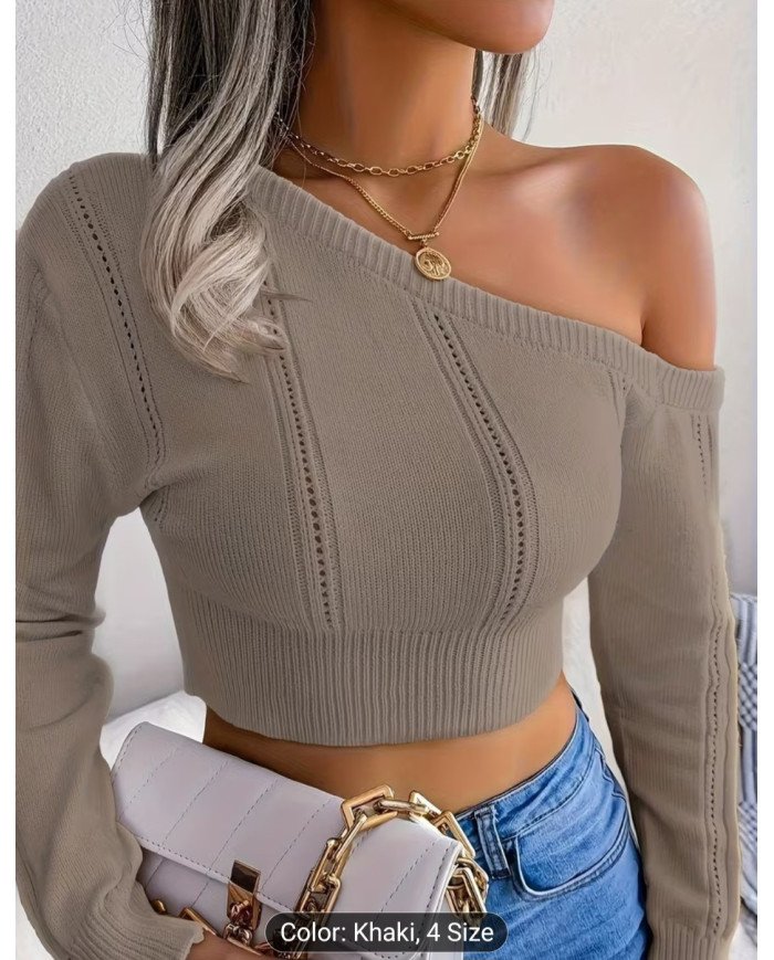 Solid Color Comfortable Off-Shoulder Slant Shoulder Elegance Slim Fit Pullover Jumper,