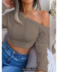 Solid Color Comfortable Off-Shoulder Slant Shoulder Elegance Slim Fit Pullover Jumper,