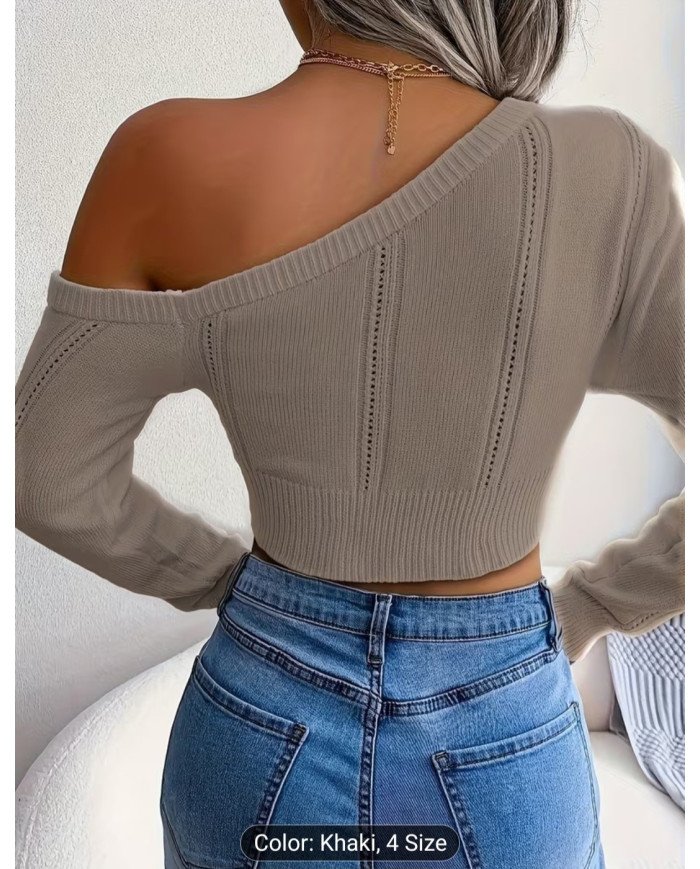 Solid Color Comfortable Off-Shoulder Slant Shoulder Elegance Slim Fit Pullover Jumper,