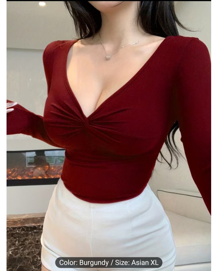 RQ071 Women'S V-Neck Twisted Casual Fitted Long-Sleeve Basic Top for Autumn And Winter