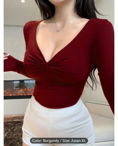 RQ071 Women'S V-Neck Twisted Casual Fitted Long-Sleeve Basic Top for Autumn And Winter