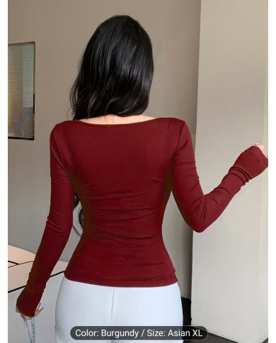 RQ071 Women'S V-Neck Twisted Casual Fitted Long-Sleeve Basic Top for Autumn And Winter