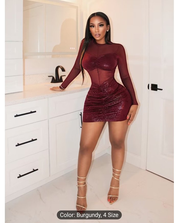 Cross-border Women's Fashion New Stretch Mesh Spliced Glossy