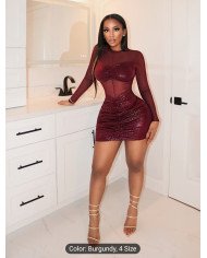 Cross-border Women's Fashion New Stretch Mesh Spliced Glossy