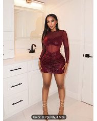 Cross-border Women's Fashion New Stretch Mesh Spliced Glossy