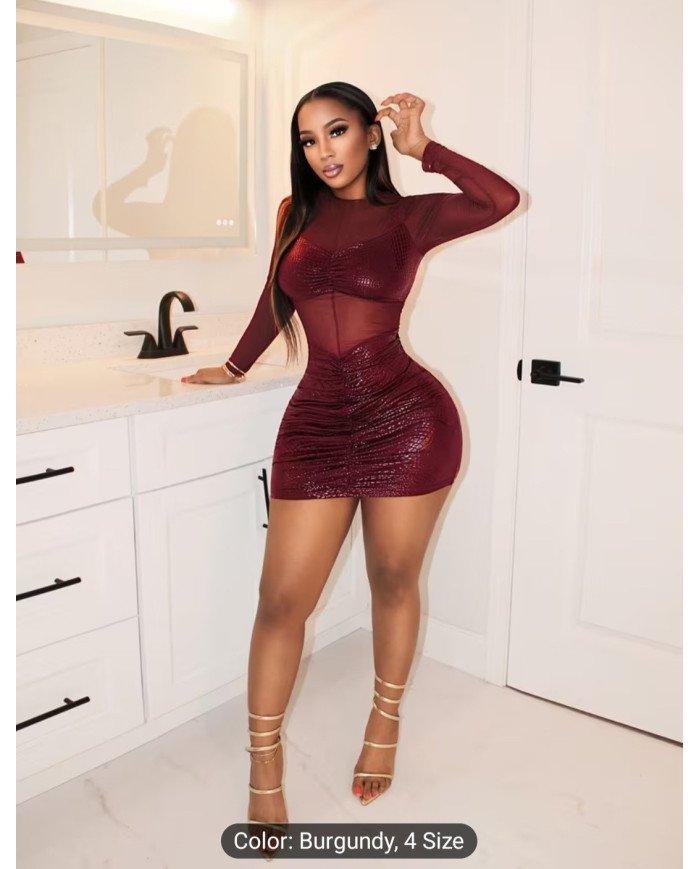 Cross-border Women's Fashion New Stretch Mesh Spliced Glossy