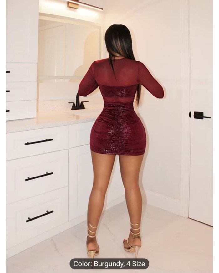 Cross-border Women's Fashion New Stretch Mesh Spliced Glossy