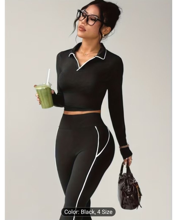 Women'S Athletic Top with a Collar Design, Long Sleeves, Color-Blocked