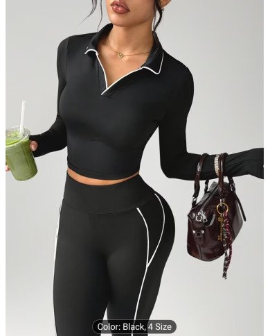 Women'S Athletic Top with a Collar Design, Long Sleeves, Color-Blocked