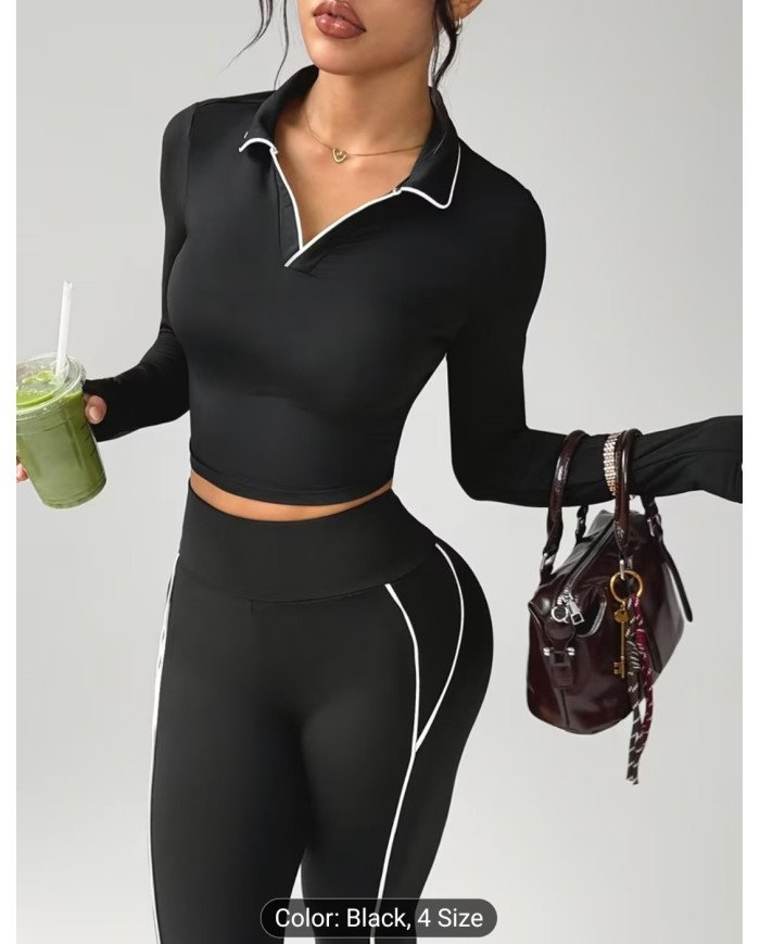 Women'S Athletic Top with a Collar Design, Long Sleeves, Color-Blocked