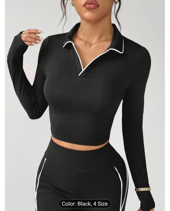 Women'S Athletic Top with a Collar Design, Long Sleeves, Color-Blocked