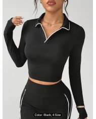 Women'S Athletic Top with a Collar Design, Long Sleeves, Color-Blocked