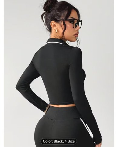 Women'S Athletic Top with a Collar Design, Long Sleeves, Color-Blocked