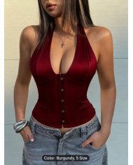 Elegant Women'S Deep V-Neck Burgundy Satin Corset Bodysuit, Perfect