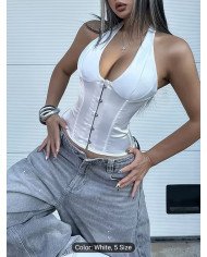 Y2K Women'S Stylish And Elegant White Satin Deep V-Neck Corset Bodysuit, a Halter