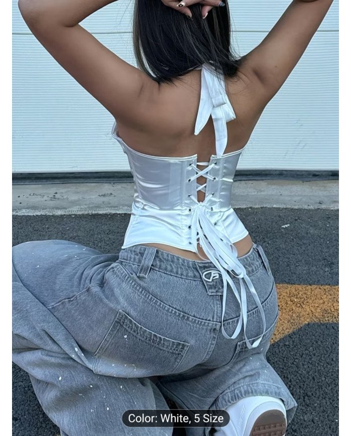 Y2K Women'S Stylish And Elegant White Satin Deep V-Neck Corset Bodysuit, a Halter