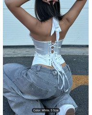 Y2K Women'S Stylish And Elegant White Satin Deep V-Neck Corset Bodysuit, a Halter