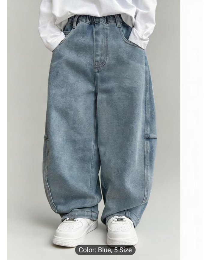 Boys' Spring And Autumn New Elastic Waist Casual Loose Denim Trousers, Single Piece