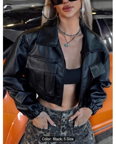 Women'S Off-Shoulder Front Flap Pocket Loose Fit Jacket - Casual Street Style, Long