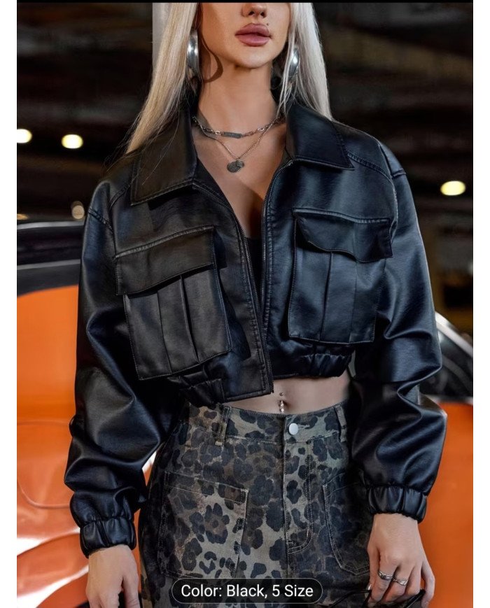 Women'S Off-Shoulder Front Flap Pocket Loose Fit Jacket - Casual Street Style, Long