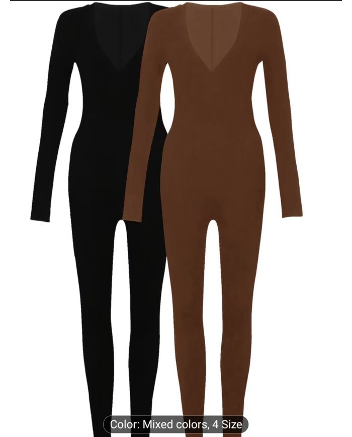 1 pc Set, Autumn Women'S Deep V-Neck Solid Color Jumpsuit, Fitted And Easy Comfortable Jumpsuit