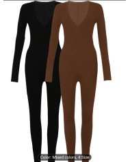 1 pc Set, Autumn Women'S Deep V-Neck Solid Color Jumpsuit, Fitted And Easy Comfortable Jumpsuit