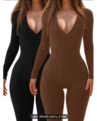 1 pc Set, Autumn Women'S Deep V-Neck Solid Color Jumpsuit, Fitted And Easy Comfortable Jumpsuit