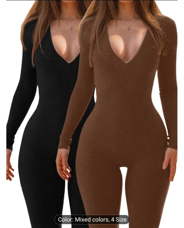 1 pc Set, Autumn Women'S Deep V-Neck Solid Color Jumpsuit, Fitted And Easy Comfortable Jumpsuit