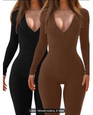 1 pc Set, Autumn Women'S Deep V-Neck Solid Color Jumpsuit, Fitted And Easy Comfortable Jumpsuit