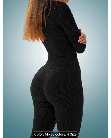 1 pc Set, Autumn Women'S Deep V-Neck Solid Color Jumpsuit, Fitted And Easy Comfortable Jumpsuit