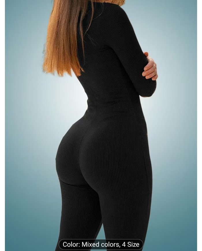 1 pc Set, Autumn Women'S Deep V-Neck Solid Color Jumpsuit, Fitted And Easy Comfortable Jumpsuit