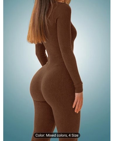 1 pc Set, Autumn Women'S Deep V-Neck Solid Color Jumpsuit, Fitted And Easy Comfortable Jumpsuit