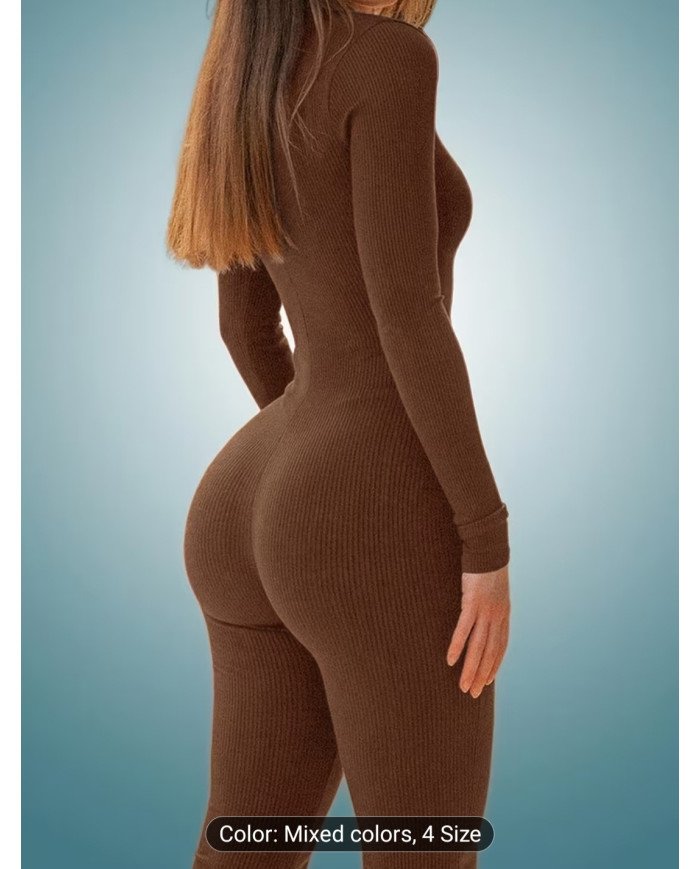 1 pc Set, Autumn Women'S Deep V-Neck Solid Color Jumpsuit, Fitted And Easy Comfortable Jumpsuit