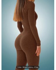 1 pc Set, Autumn Women'S Deep V-Neck Solid Color Jumpsuit, Fitted And Easy Comfortable Jumpsuit