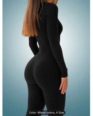 1 pc Set, Autumn Women'S Deep V-Neck Solid Color Jumpsuit, Fitted And Easy Comfortable Jumpsuit