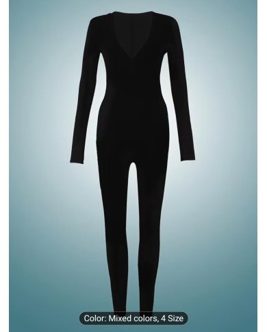 1 pc Set, Autumn Women'S Deep V-Neck Solid Color Jumpsuit, Fitted And Easy Comfortable Jumpsuit