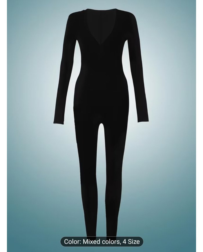 1 pc Set, Autumn Women'S Deep V-Neck Solid Color Jumpsuit, Fitted And Easy Comfortable Jumpsuit